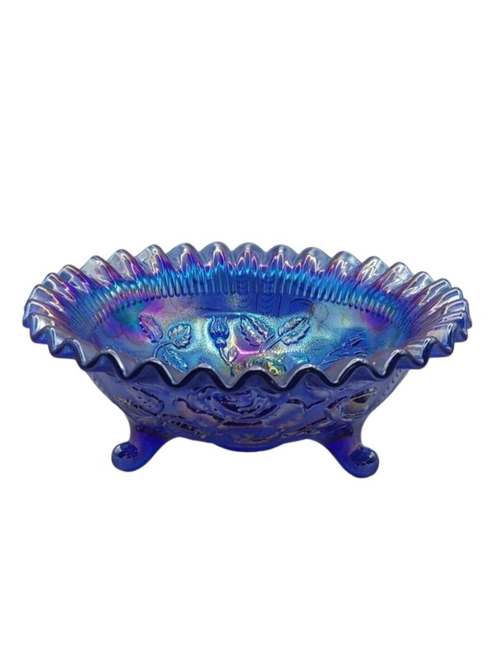 L E Smith Heritage Rose Blue Iridescent Carnival Glass Footed Ruffled Bowl